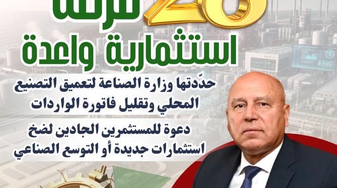 تعرف بالتفصيل على الـ28 فرصة استثمارية واعدة حددتها وزارة الصناعة لتعميق التصنيع المحلي وتلبية احتياجات السوق